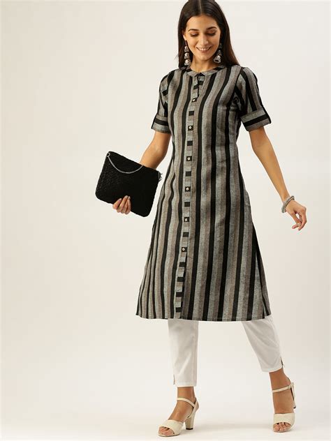 Vedic Women Black Grey Striped Pure Cotton Kurta