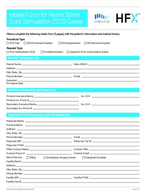 Fillable Online Intake Form for Nevro Spinal Cord Stimulation (SCS ...