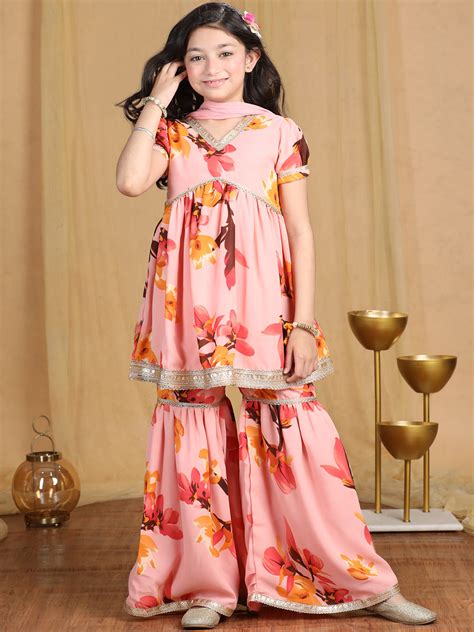 Cutiekins Girls Floral Print Embroidered Gotta Patti Kurta and Sharara
