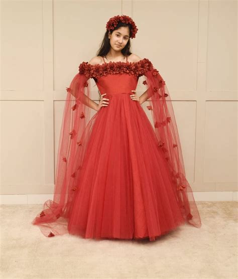 Fayon Kids Net Flower Gown (Red) | Gown For Girls – FayonKids