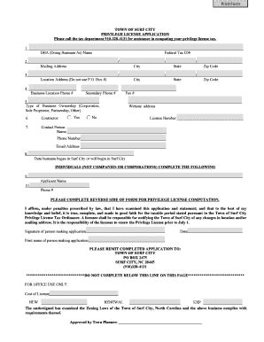 Surf City Privilege License Form - Fill and Sign Printable Template Online