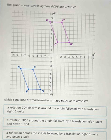 Solved: The graph shows parallelograms BCDE and B'C'D'E'. Wquence of ...