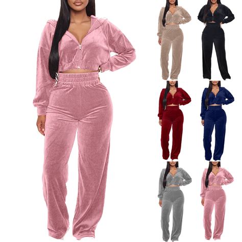 YUGYXL Women Velour Sweatsuits 2 Piece Tracksuit Sets Full Zip Cropped ...