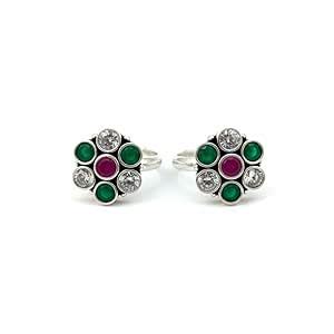 SANAAR Gold 925 Oxidized Silver Toe Ring | Dual Stone Pink & Green CZ ...