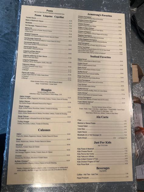 Menu at Armstrong's restaurant, Moon, Thorn Run Rd