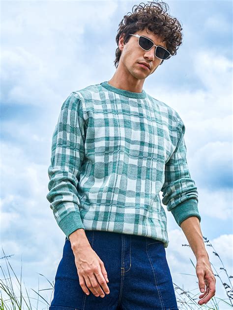 ₹999 | Campus Sutra men's Sage Green Tartan Plaid Pullover Sweater ...