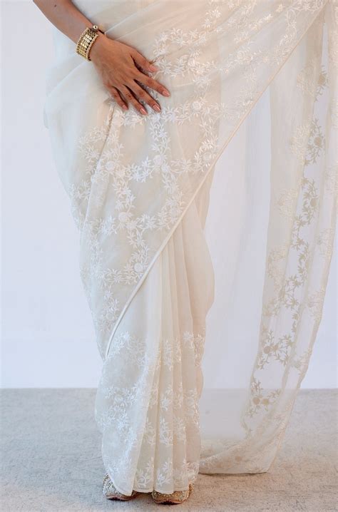 Devnaagri - Ivory Organza Embroidered Saree