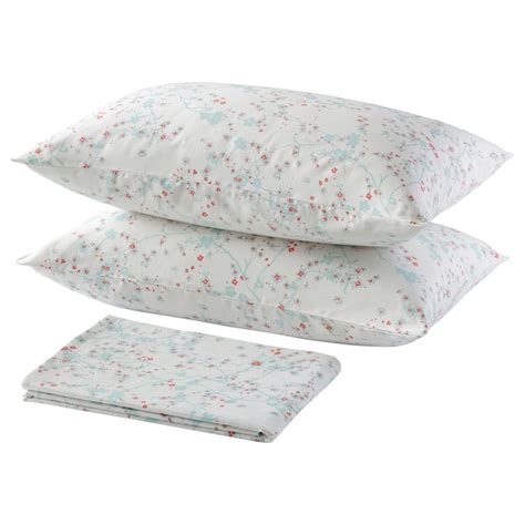 ASKLÖNN flat sheet and 2 pillowcase, Cherry blossom branch/white/green ...