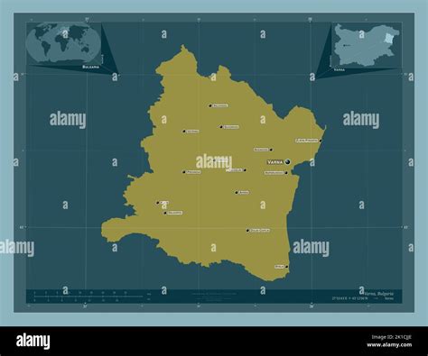 Varna, province of Bulgaria. Solid color shape. Locations and names of major cities of the ...