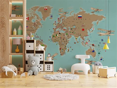 World Map With Flags Kids Wallpaper - Magicdecor®