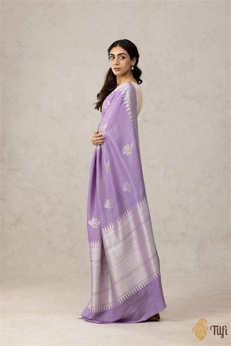 Lavender Pure Tussar Georgette Silk Banarasi Handloom Saree - Tilfi