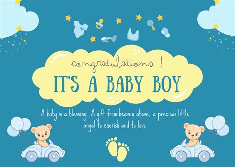 Printable Baby Boy Card Baby Boy Bow Illustration Greetings Card