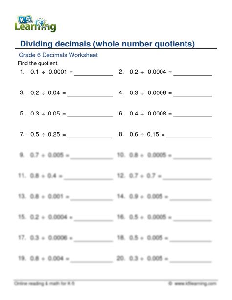 K5 Learning Dividing Decimals - Printable Worksheets