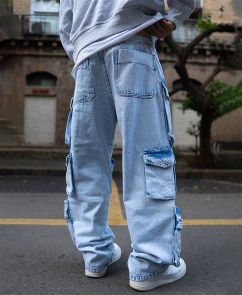 Ice Blue Baggy Fit Cargo Denim Jeans – Powerlook