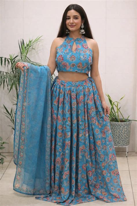 Sky Blue Printed Organza Silk Lehenga – Kalyanja