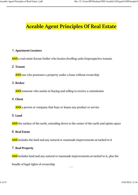 Aceable Agent Principles of Real Estate 1 Exam (2024 / 2025) Actual ...