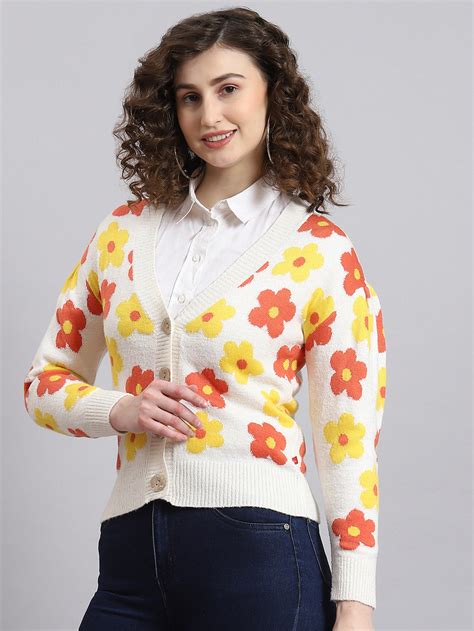 Buy Women Off White Self Design V Neck Full Sleeve Cardigan Online in ...