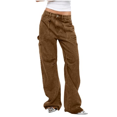 Brown Trousers Pants for Women Summer Fall Denim Loose Fit Cargo Casual ...