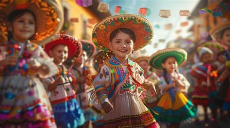 A group of children in colorful costumes are dancing in a room with a ...