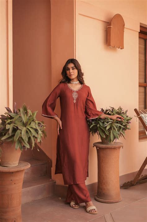 Rusty Pink Solid Silk Blend Straight Co-Ords Set-COD116