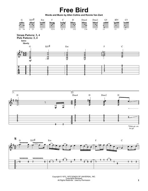 Free Bird by Lynyrd Skynyrd Sheet Music for Easy Guitar Tab at Sheet ...