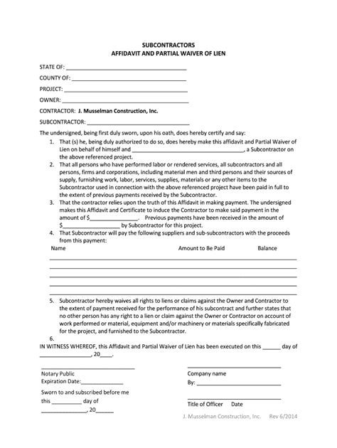 Fillable Online SUBCONTRACTORS AFFIDAVIT AND PARTIAL WAIVER OF LIEN Fax ...