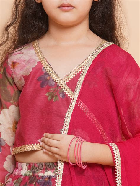 Shop Bitiya by Bhama Girls Maroon Floral Printed Ready to Wear Lehenga ...