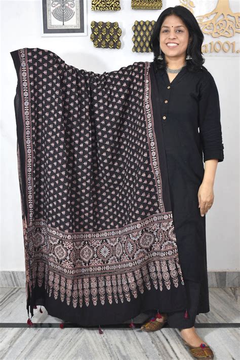 Ajrakh Hand Block Printed Cotton Dupatta with Tassels & natural dyes ...