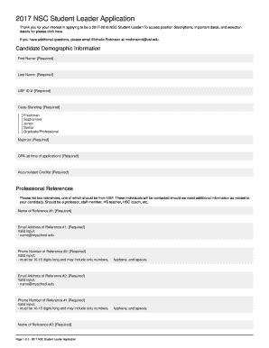 Fillable Online 2017 NSC Student Leader Application. New Student ...