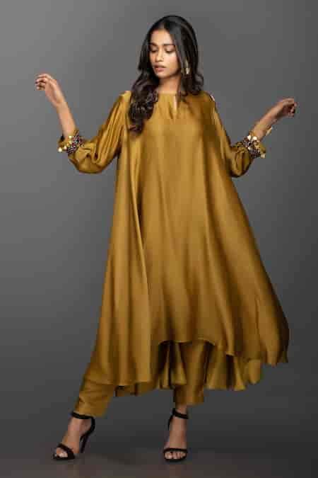 Buy Yellow Satin Silk Round Embroidered Kurta And Pant Set For Women by ...