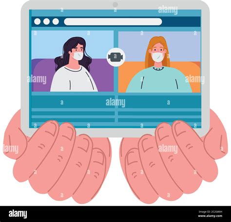 women talk to each other on the tablet device screen, conference video ...