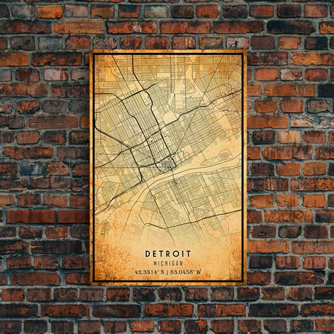 Old Detroit City Map Wall Art Canvas Print, Vintage Style Detroit Map, Framed Wall Art, Cool ...