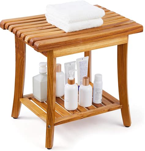 VEVOR Teak Shower Bench, 20 x 14.3 x 17.9 in, Waterproof Wood Shower ...
