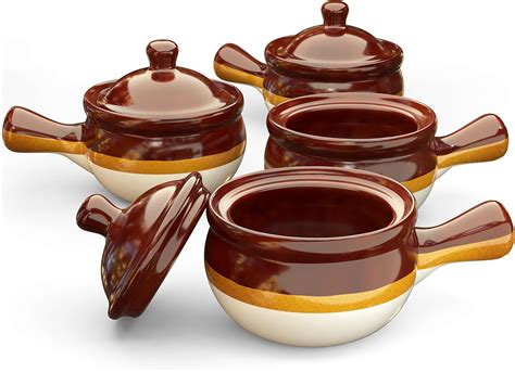 French Onion Soup Crock Bowls with Handles and Lid, 15 Ounce - Set of 4 ...