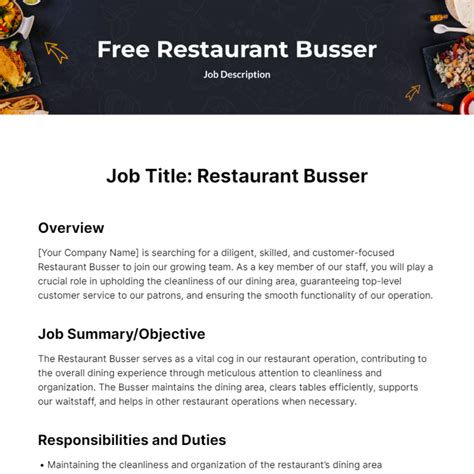 Free Restaurant Busser Job Description Template to Edit Online