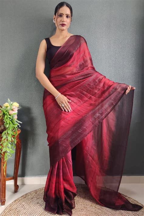 Prettiest 1-Minute Ready To Wear Maroon Nylon Silk Saree – thelotusfab