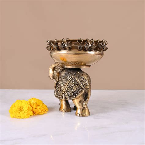 Brass Engraved Elephant themed Ghunghroo Urli - JAIN ART VILLA