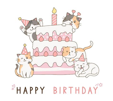 Leuke kattenfamilie met zoete roze verjaardagstaart doodle tekening ...