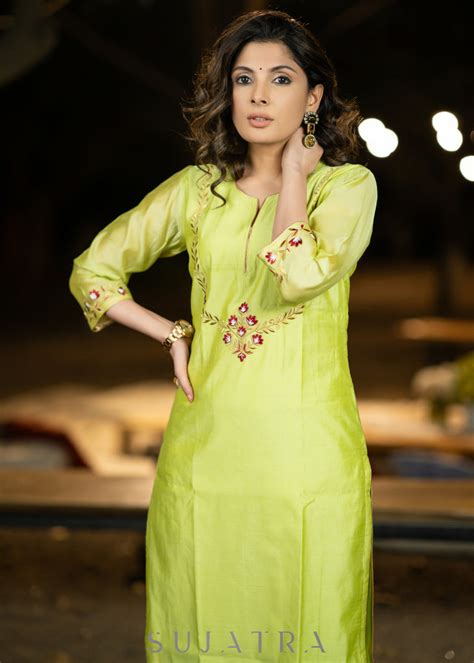 Embroidered Lemon Chanderi kurta with pant-Dupatta optional – Sujatra