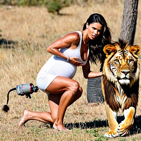 Pregnant muscular Adriana Lima feeding a lion