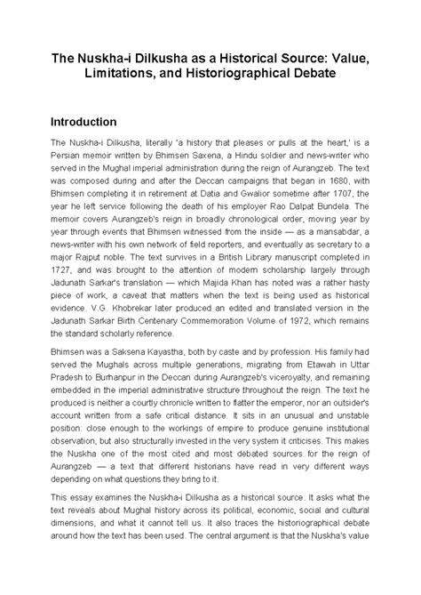The Dilkusha (Nuskha) as a Historical Source: Insights and Limitations ...