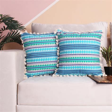 Buy STITCHNEST Geometric Turquoise_Blue Cushion Covers Set of 2 – 16x16 ...