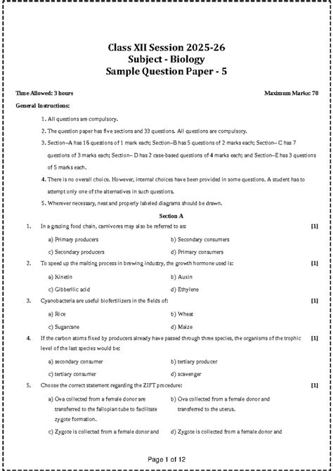 Class XII Biology Sample Question Paper 5 - 3 Hours, 70 Marks - Studocu