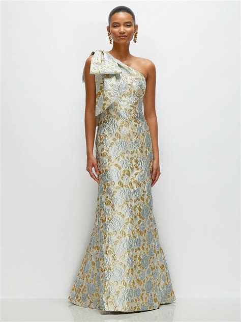 Bow One-Shoulder Gold Leaf Brocade Maxi Dress with Trumpet Skirt | Wedding guest dress ...