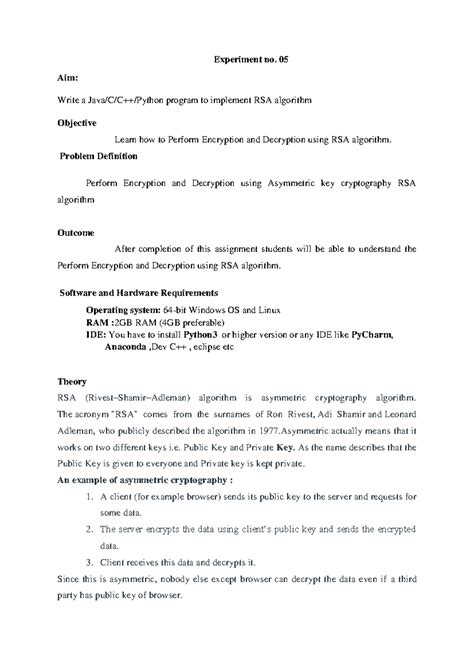 IS Experiment no 4 RSA writeup - Experiment no. 05 Aim: Write a Java/C ...