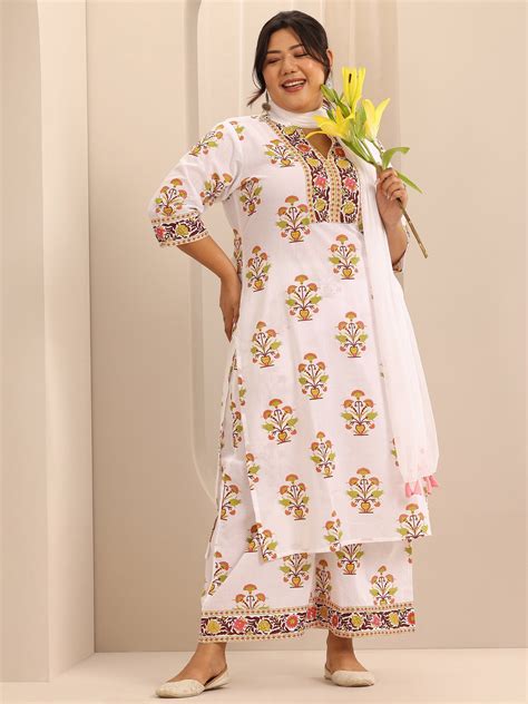 Buy Plus Size White Printed Cotton A-Line Suit Set With Dupatta Online ...