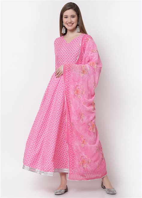 Get Cotton Blend V-Neck Pink Anarkali Kurta with Dupatta at ₹ 1441 ...
