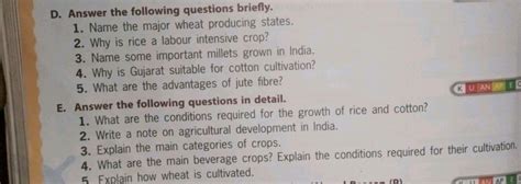 D. Answer the following questions briefly. Name the major wheat producing..