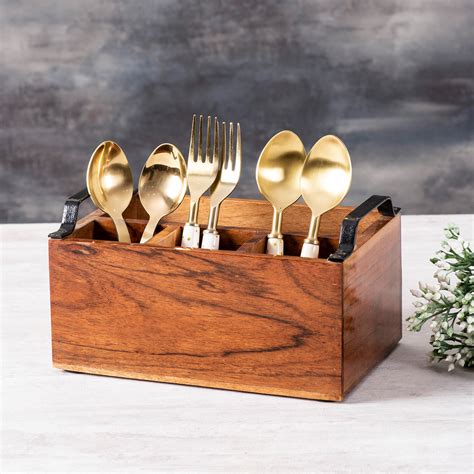 Buy Teak Wood Cutlery Holder with Black Handle Online in India – Nestroots