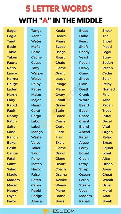 5 Letter Words with A in the Middle (890 Words in English) • 7ESL ...